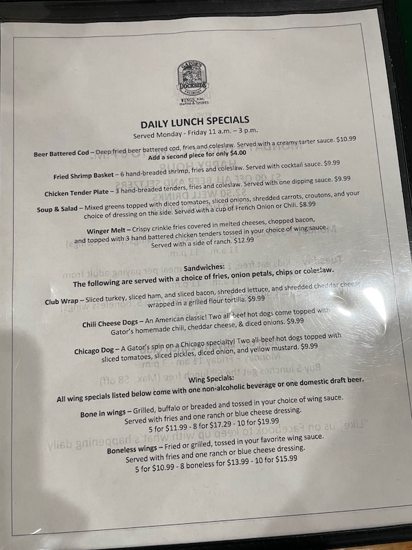 Weekday lunch specials menu board