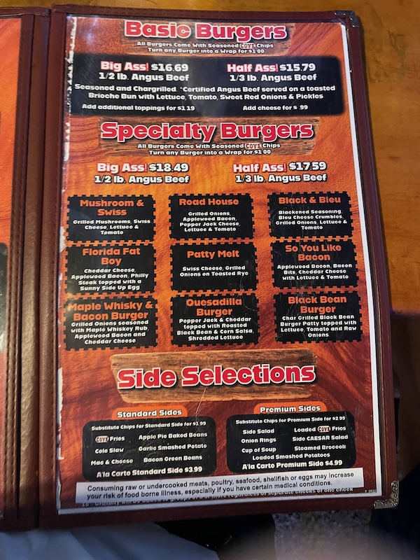 Burger and side selections on the menu at The Cove Resort and Pub