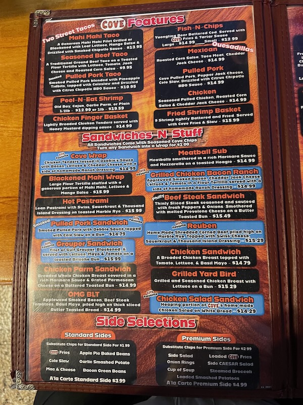 Sandwiches, tacos, seafood, and Cove features menu