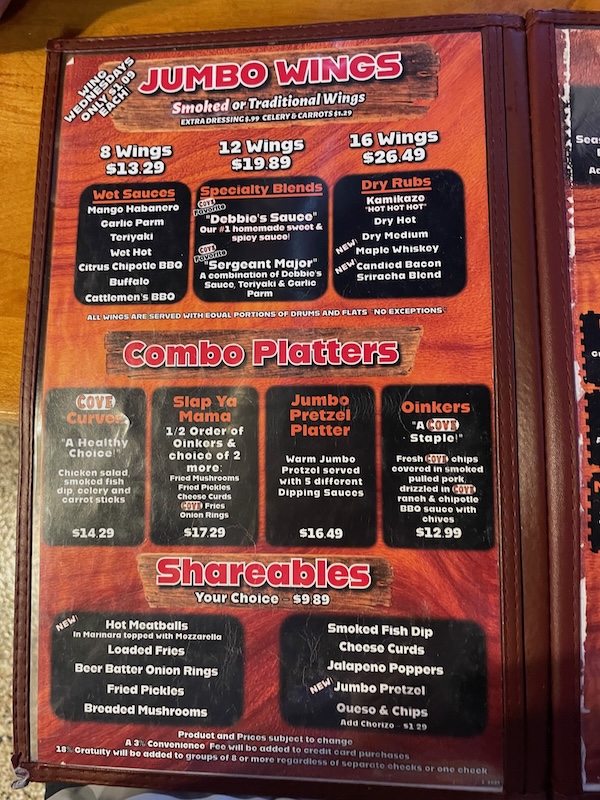 Wings, appetizers, and combo platters on the menu at The Cove Resort and Pub