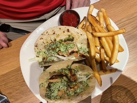 Bang Bang shrimp tacos with fries at Bonefish Grill