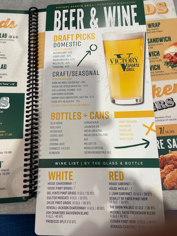 Beer and wine menu at Victory Sports Grill