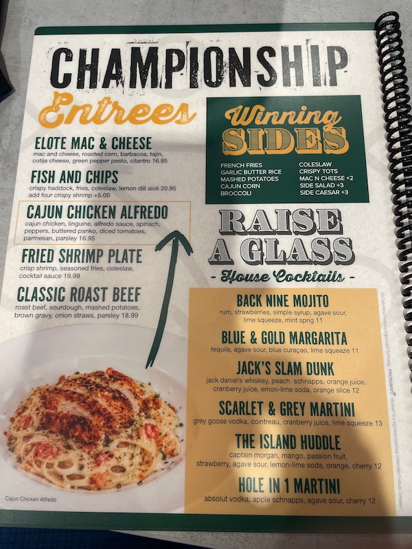 Dinner entrées listed on the menu