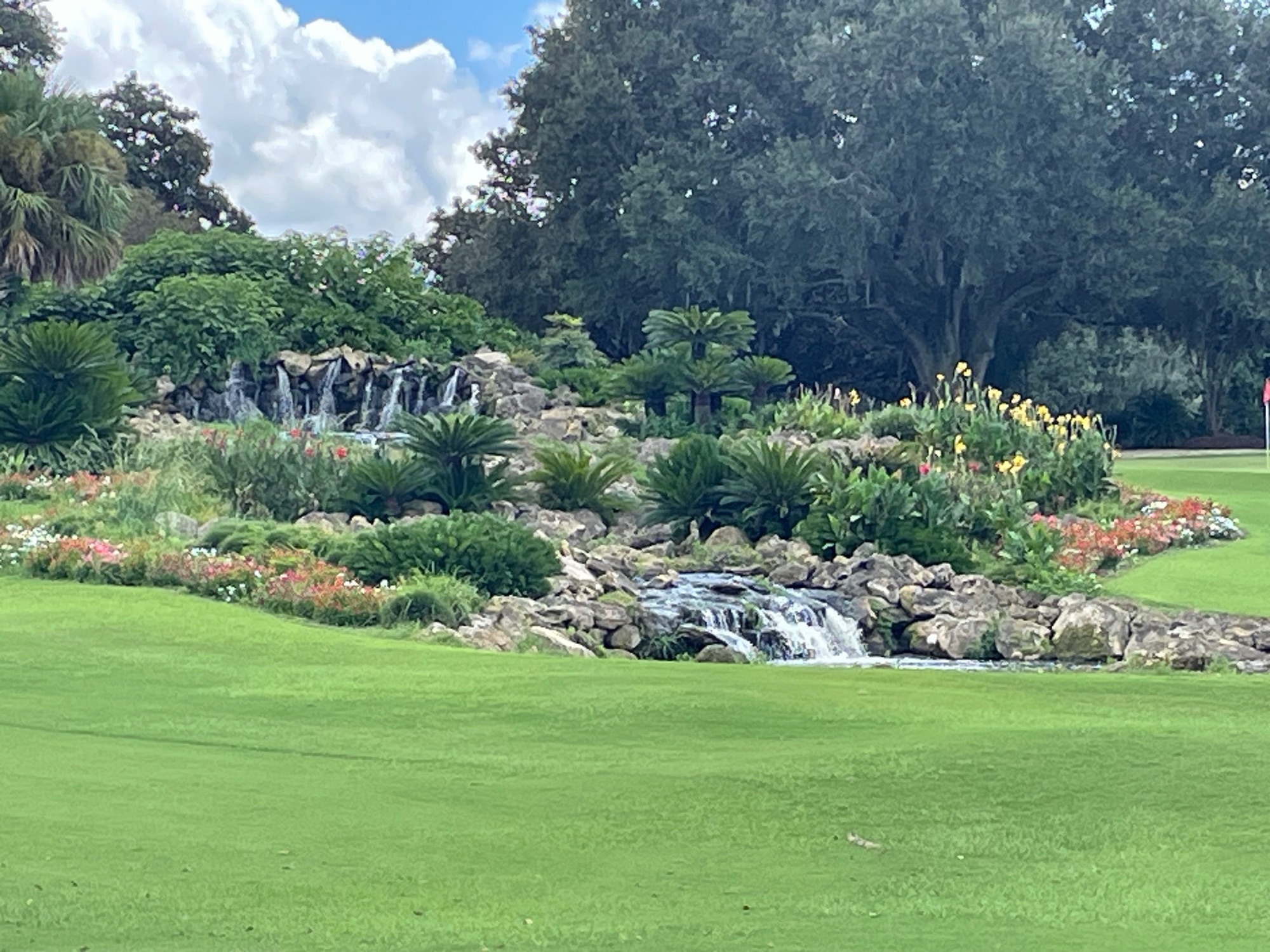 Waterfall and landscaped golf hole at Baseline Golf Course in Ocala Florida