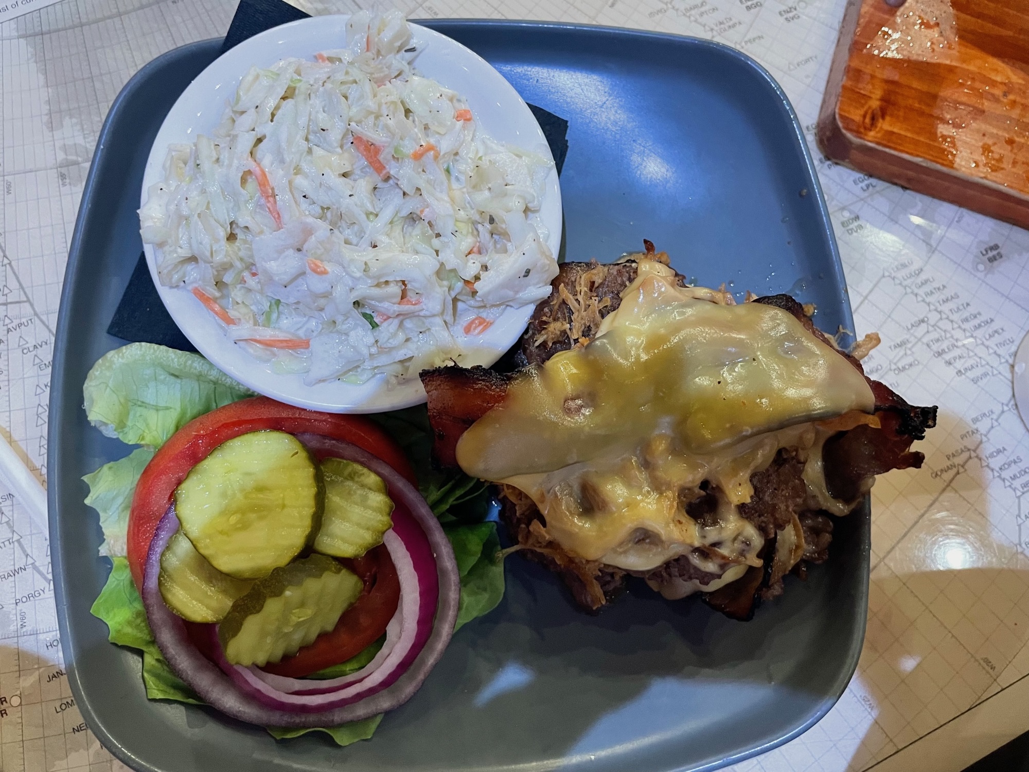 TimmieToppie burger without a bun with coleslaw at Flying Boat Tap Room