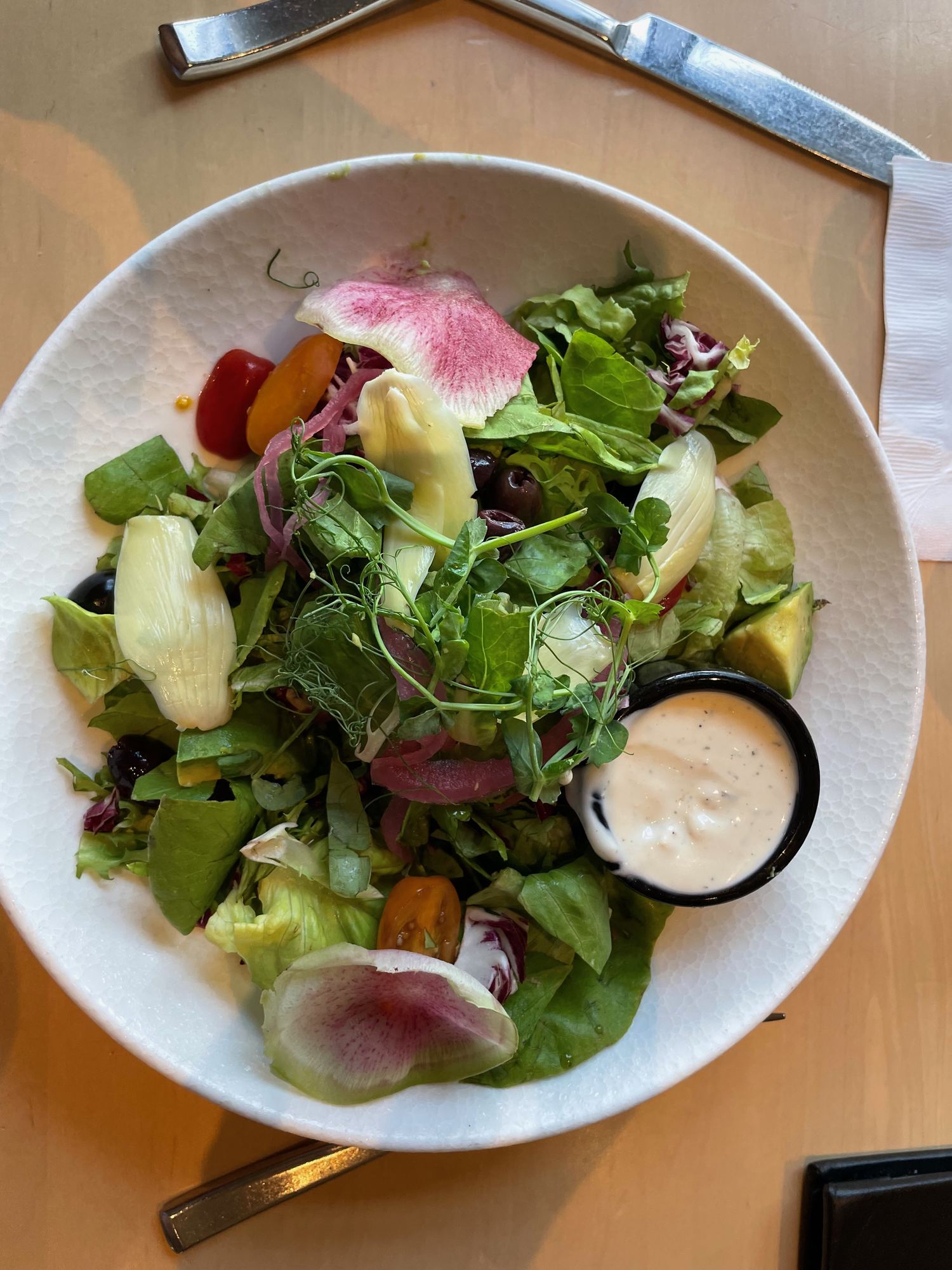Garden salad with avocado, cucumber, radish and tomatoes