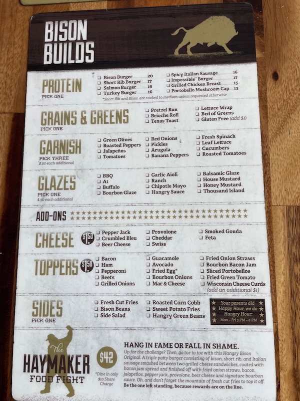 The build-your-own burger menu at The Hangry Bison