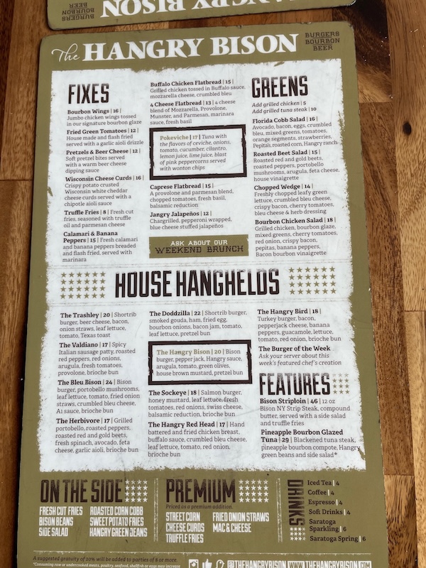 The main menu at The Hangry Bison