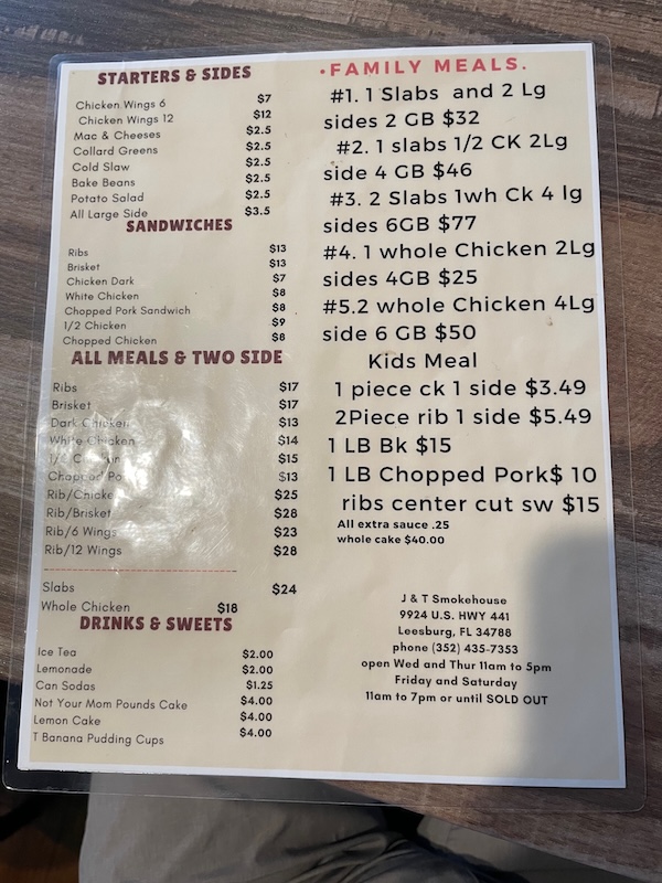 J&T Smokehouse menu with prices