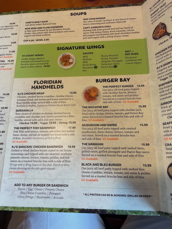 Menu page showing soups, wings, sandwiches, and burgers
